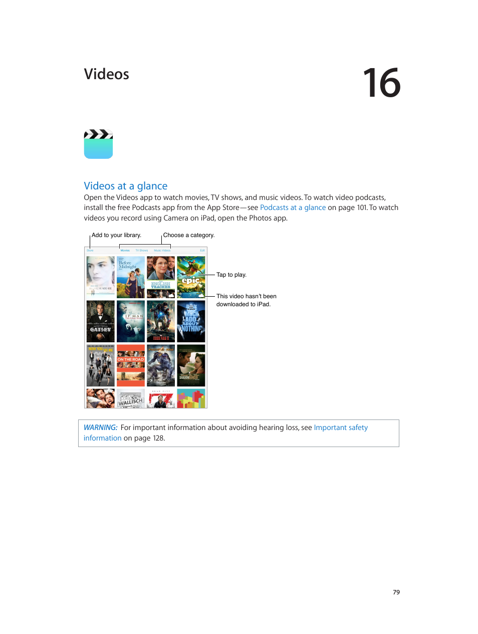 Chapter 16: videos, Videos at a glance, 79 videos at a glance | Videos | Apple iPad iOS 7.1 User Manual | Page 79 / 140