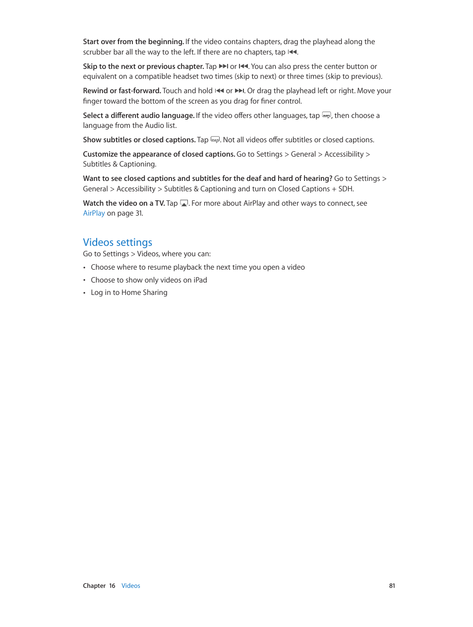 Videos settings, 81 videos settings | Apple iPad iOS 7.1 User Manual | Page 81 / 140