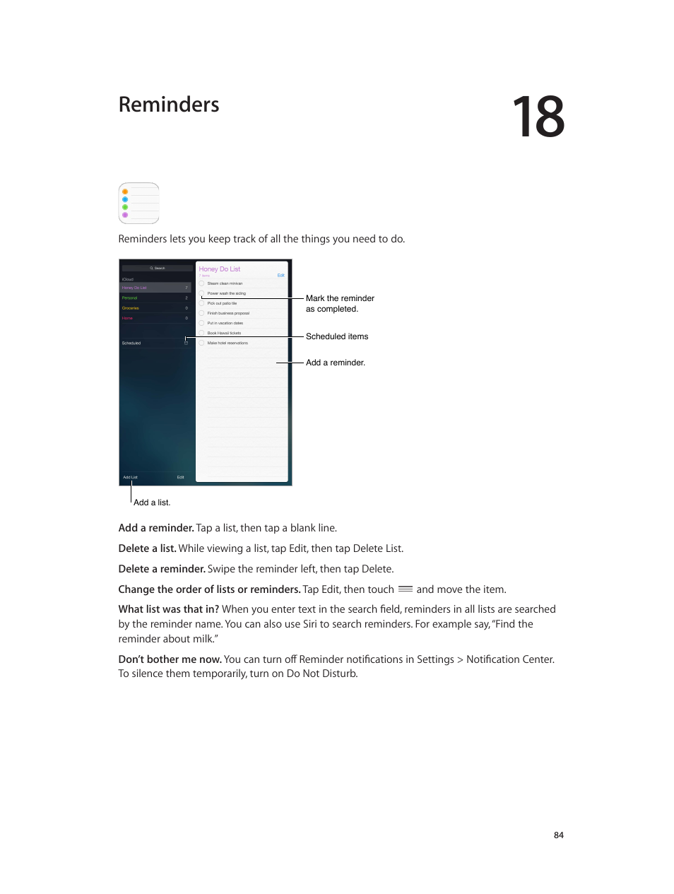 Chapter 18: reminders, Reminders | Apple iPad iOS 7.1 User Manual | Page 84 / 140