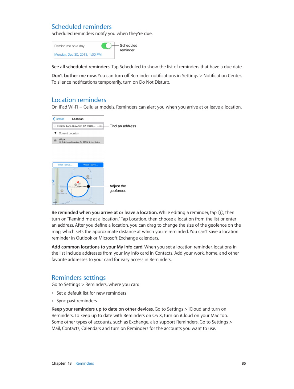 Scheduled reminders, Location reminders, Reminders settings | Apple iPad iOS 7.1 User Manual | Page 85 / 140