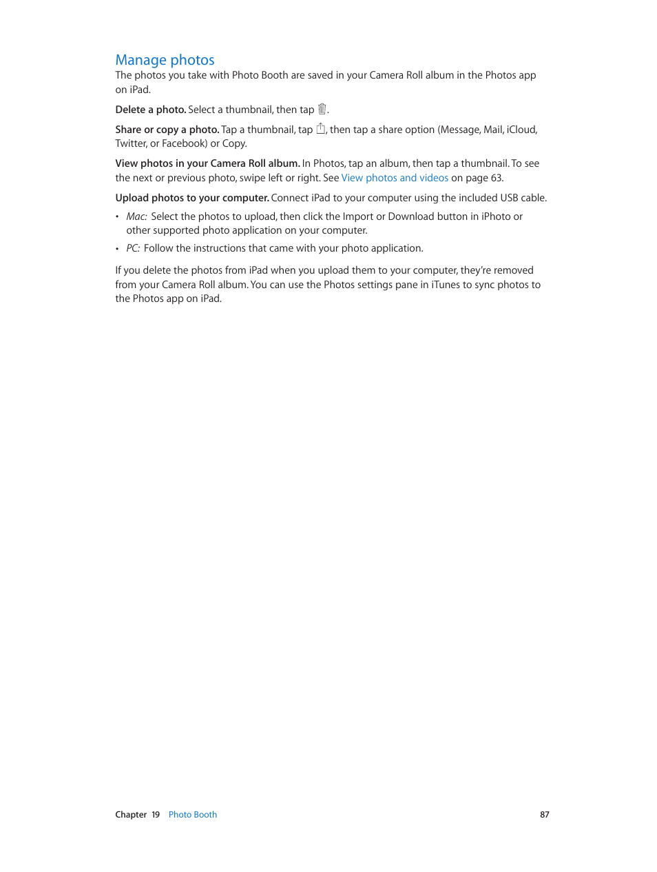 Manage photos, 87 manage photos | Apple iPad iOS 7.1 User Manual | Page 87 / 140