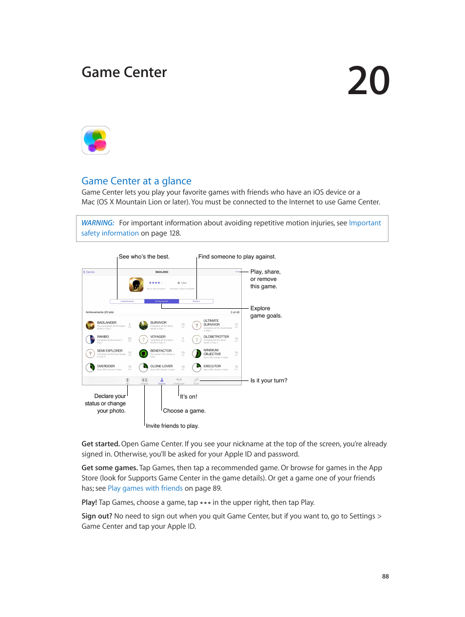 Chapter 20: game center, Game center at a glance, 88 game center at a glance | Game center | Apple iPad iOS 7.1 User Manual | Page 88 / 140