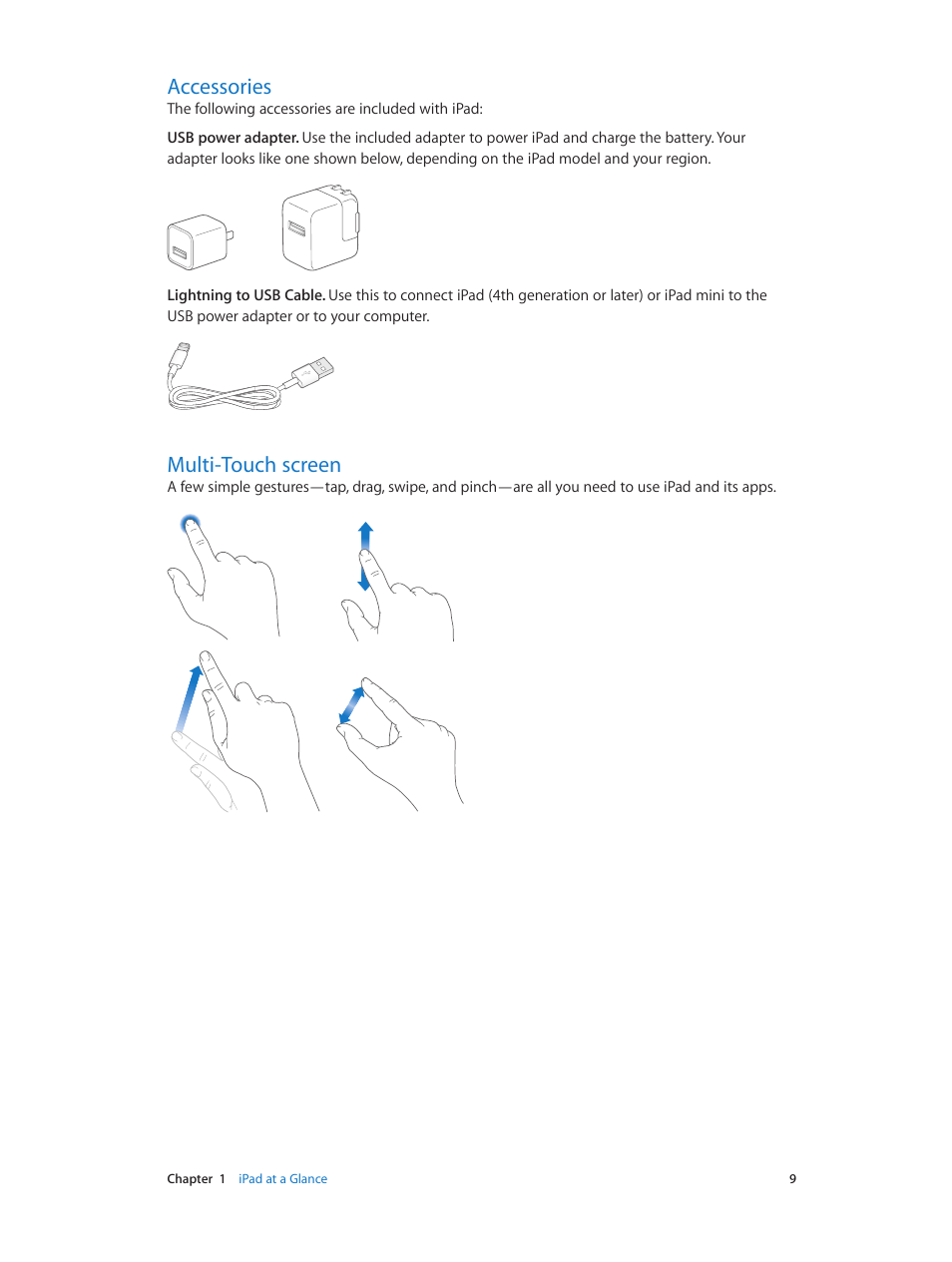 Accessories, Multi-touch screen | Apple iPad iOS 7.1 User Manual | Page 9 / 140