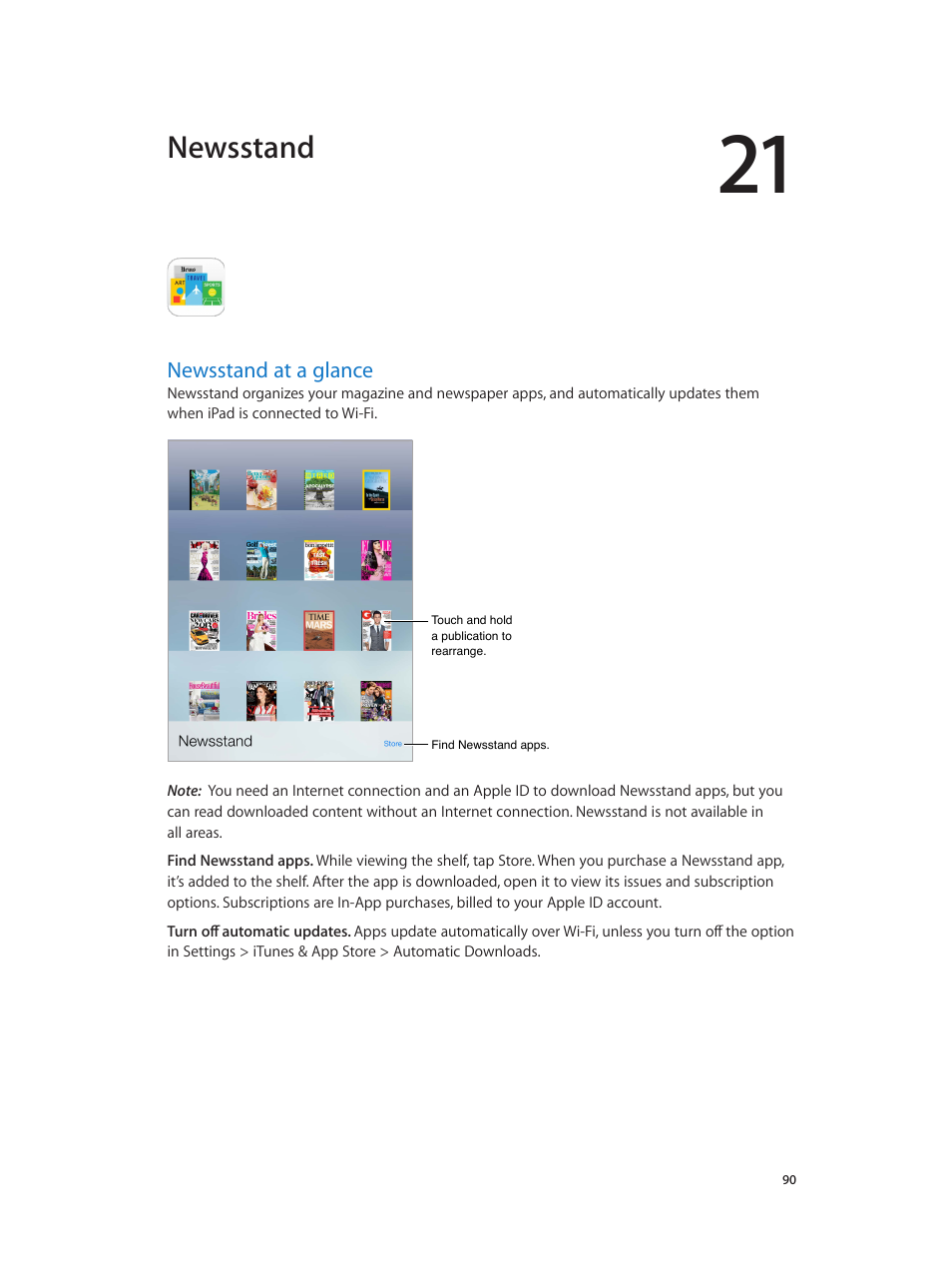 Chapter 21: newsstand, Newsstand at a glance, 90 newsstand at a glance | Newsstand | Apple iPad iOS 7.1 User Manual | Page 90 / 140