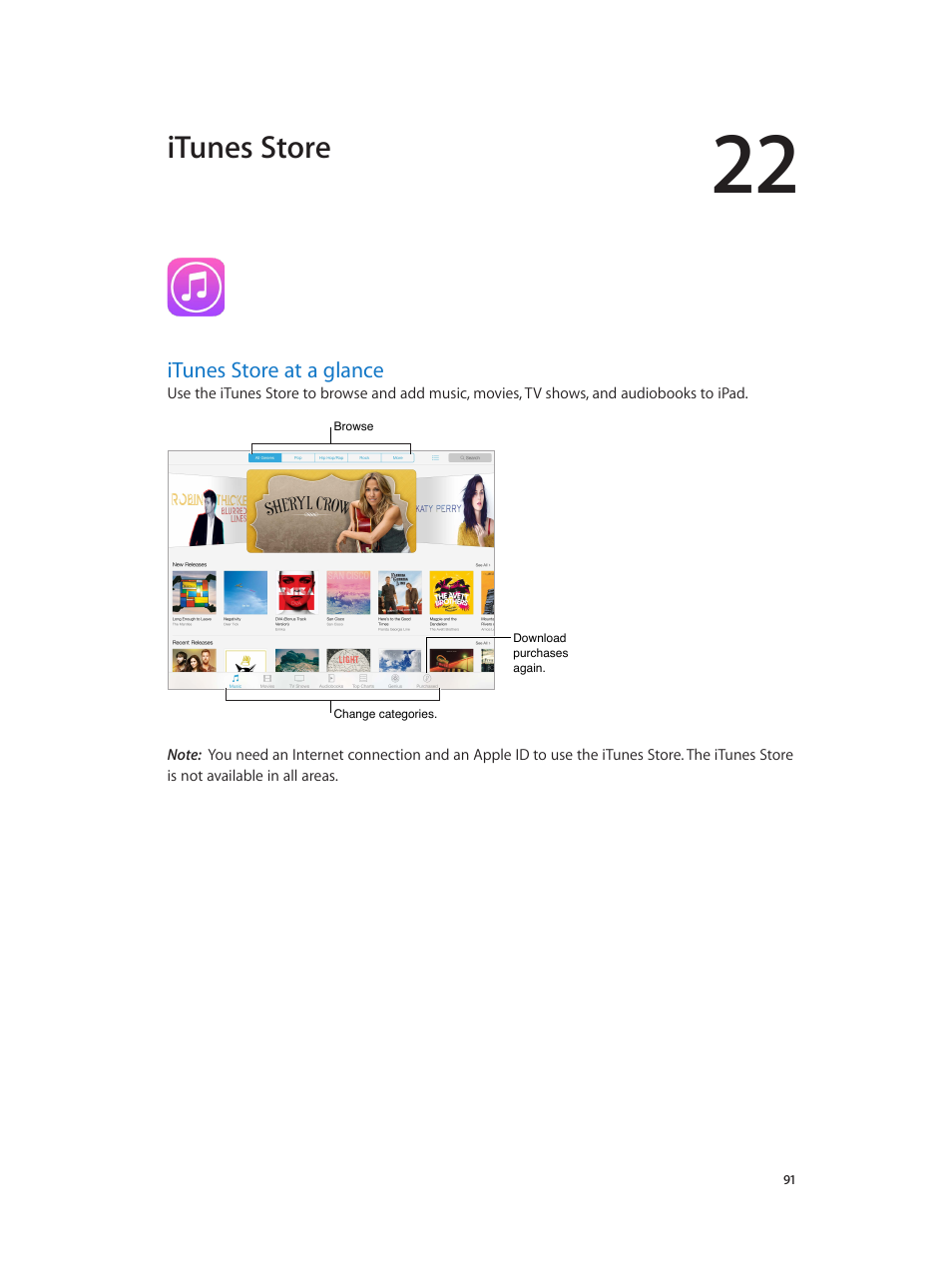 Chapter 22: itunes store, Itunes store at a glance, 91 itunes store at a glance | Itunes, Store, Itunes store | Apple iPad iOS 7.1 User Manual | Page 91 / 140