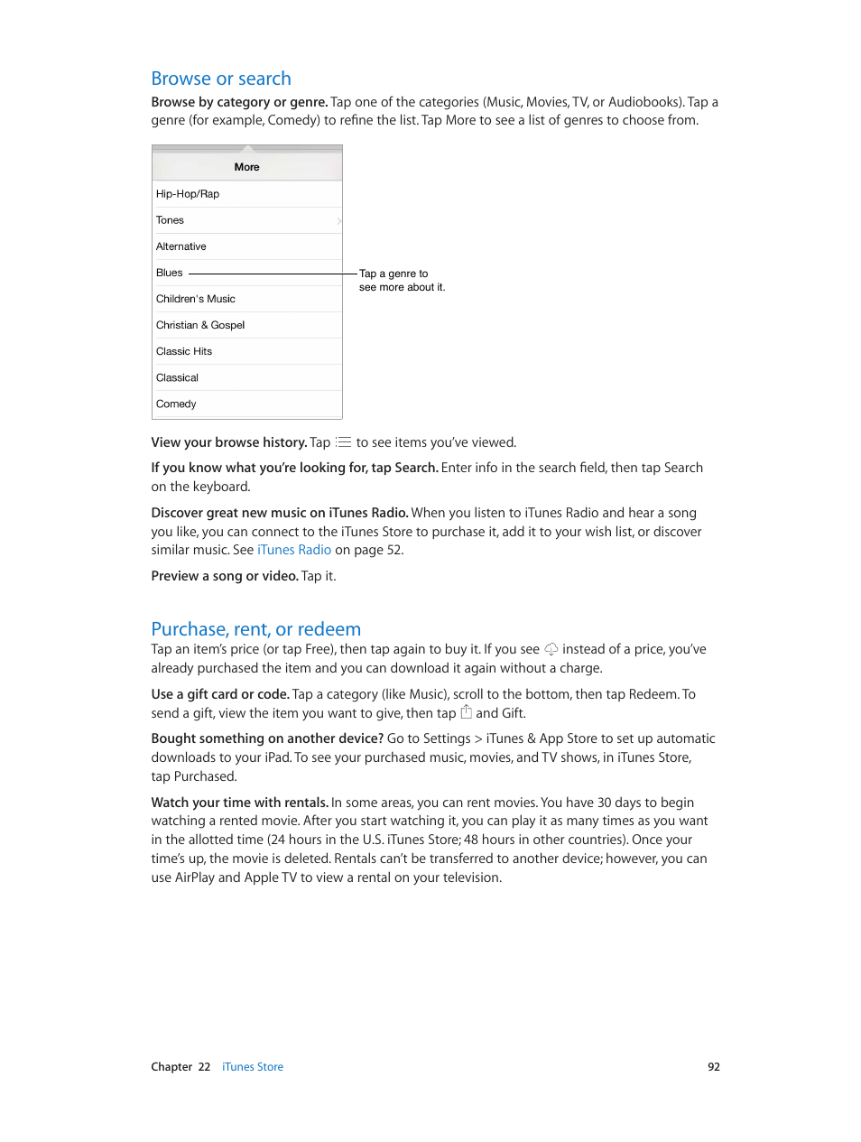 Browse or search, Purchase, rent, or redeem, 92 browse or search 92 purchase, rent, or redeem | Apple iPad iOS 7.1 User Manual | Page 92 / 140