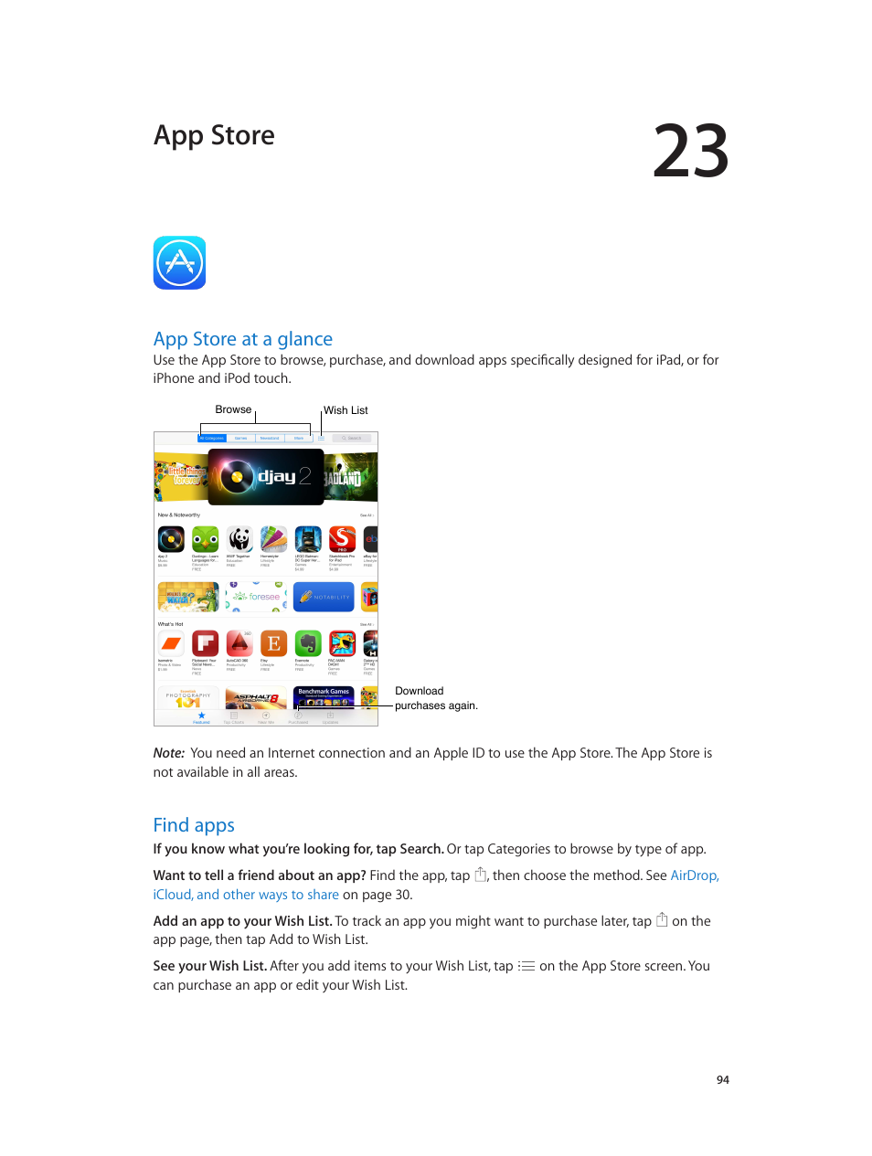 Chapter 23: app store, App store at a glance, Find apps | 94 app store at a glance 94 find apps, App store | Apple iPad iOS 7.1 User Manual | Page 94 / 140