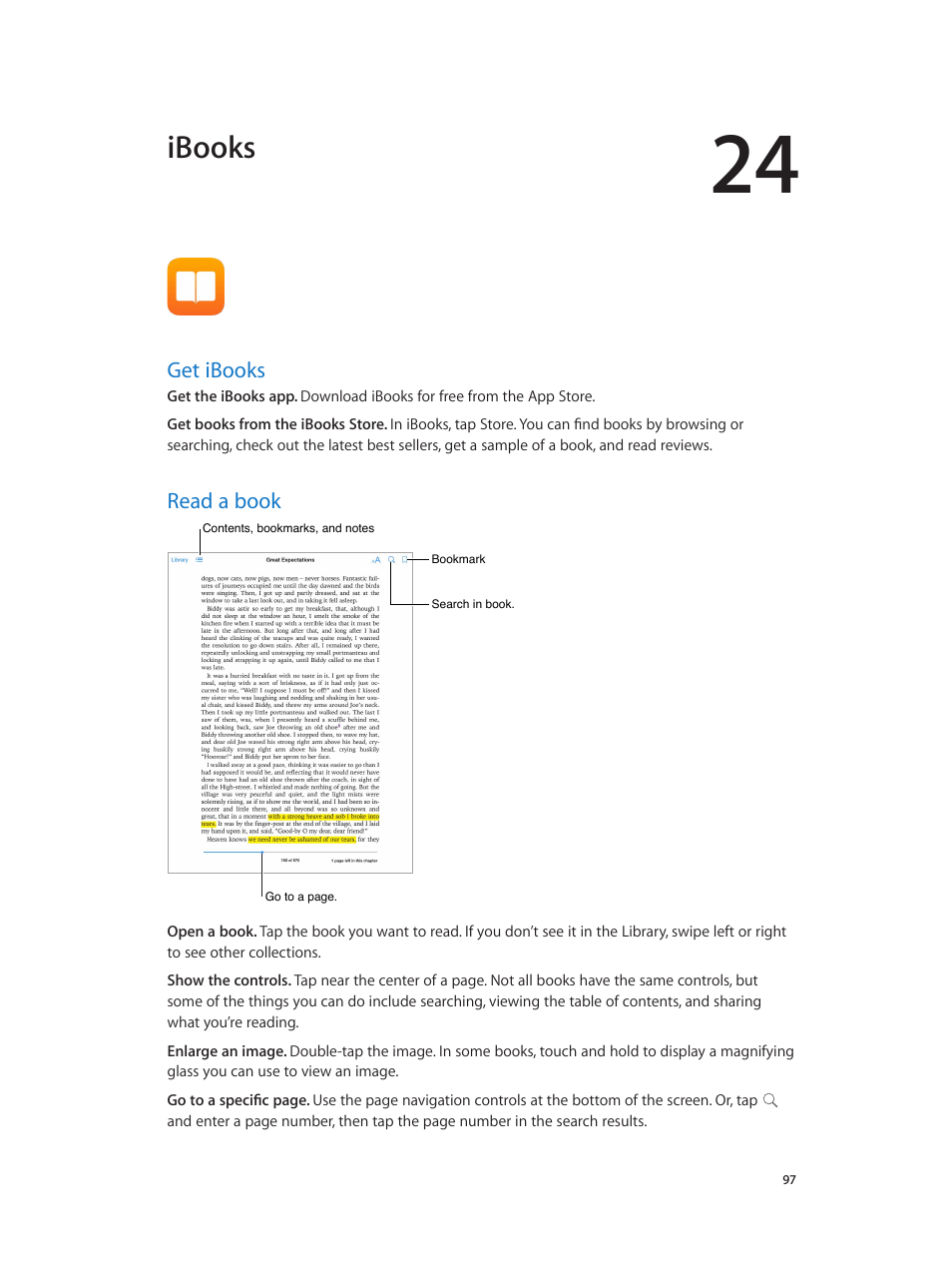 Chapter 24: ibooks, Get ibooks, Read a book | 97 get ibooks 97 read a book, Ibooks | Apple iPad iOS 7.1 User Manual | Page 97 / 140