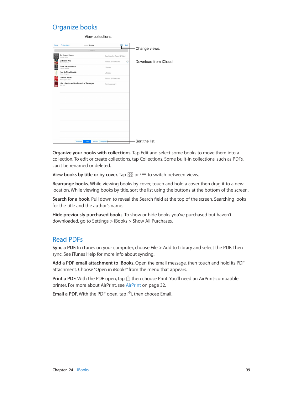 Organize books, Read pdfs, 99 organize books 99 read pdfs | Apple iPad iOS 7.1 User Manual | Page 99 / 140