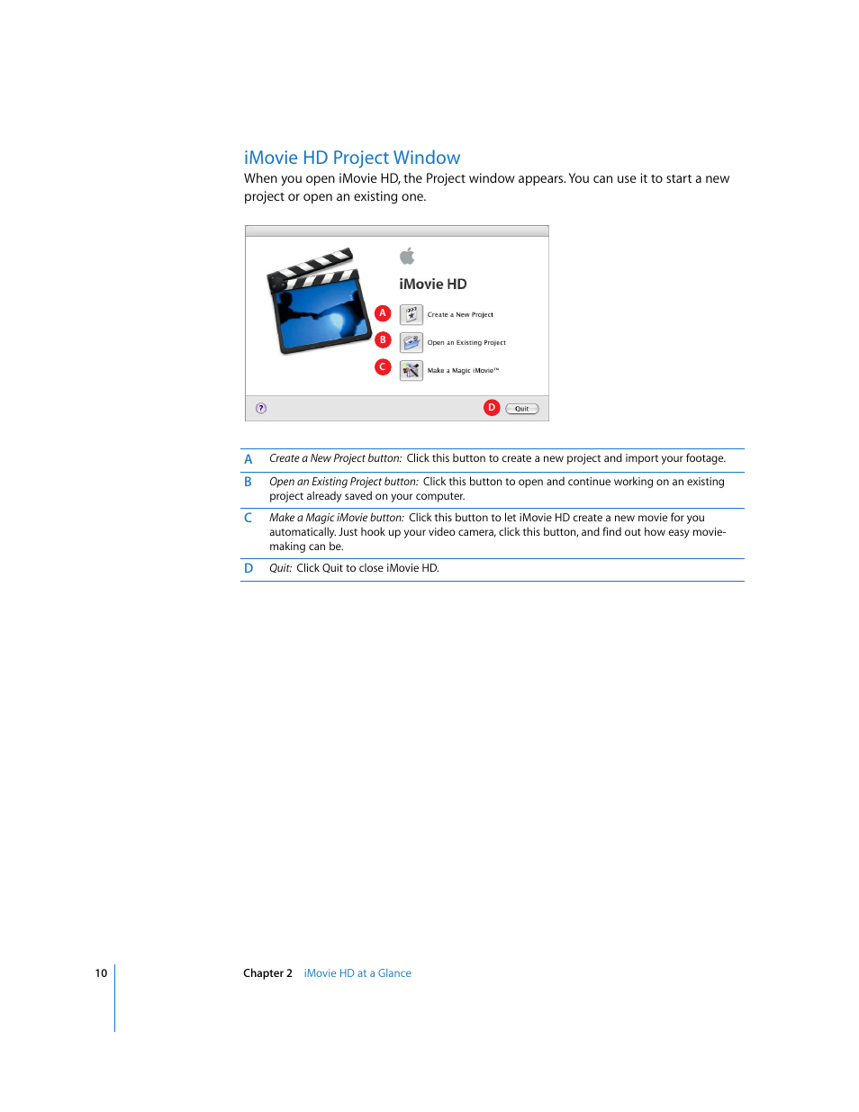 Imovie hd project window | Apple iMovie HD User Manual | Page 10 / 83