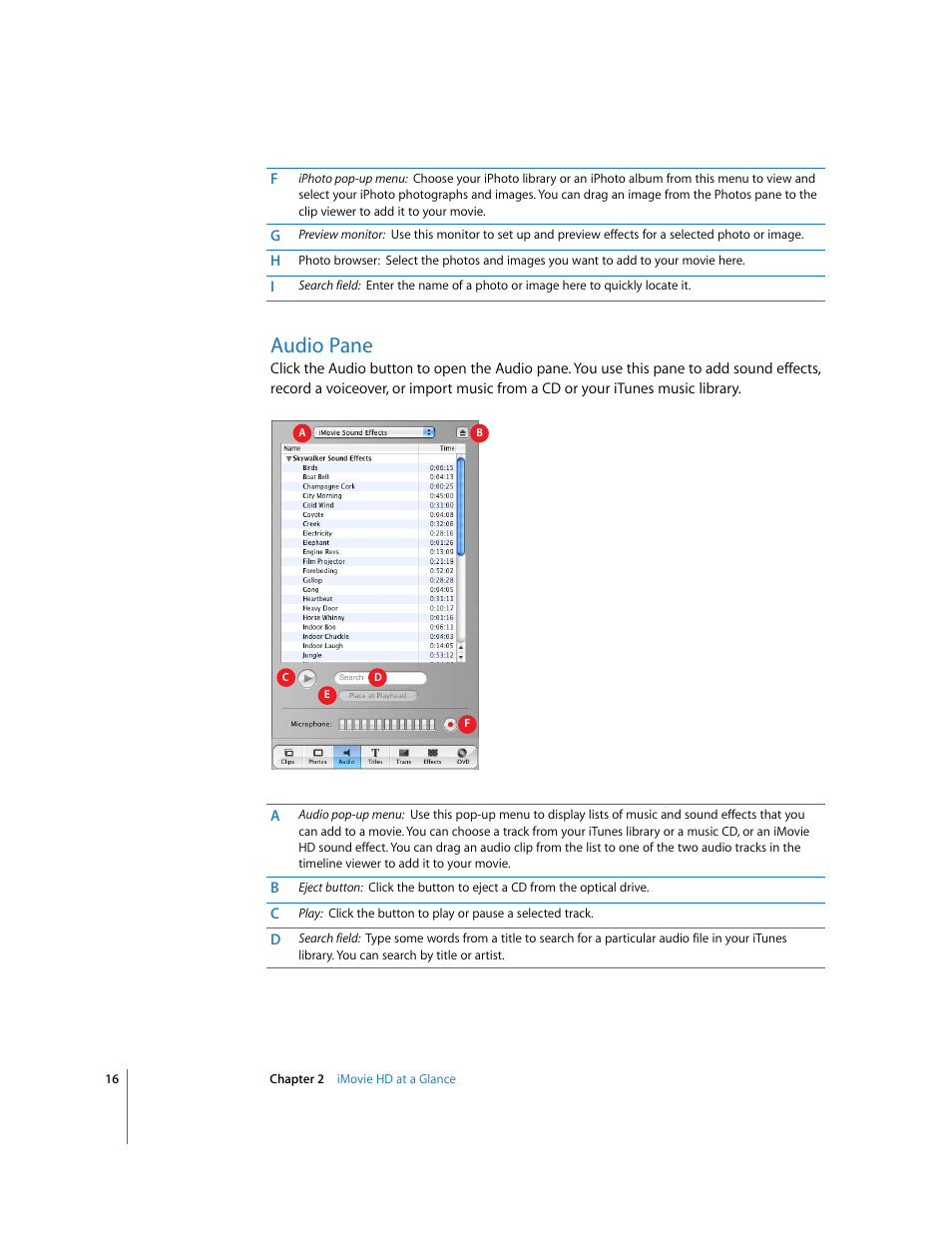 Audio pane | Apple iMovie HD User Manual | Page 16 / 83