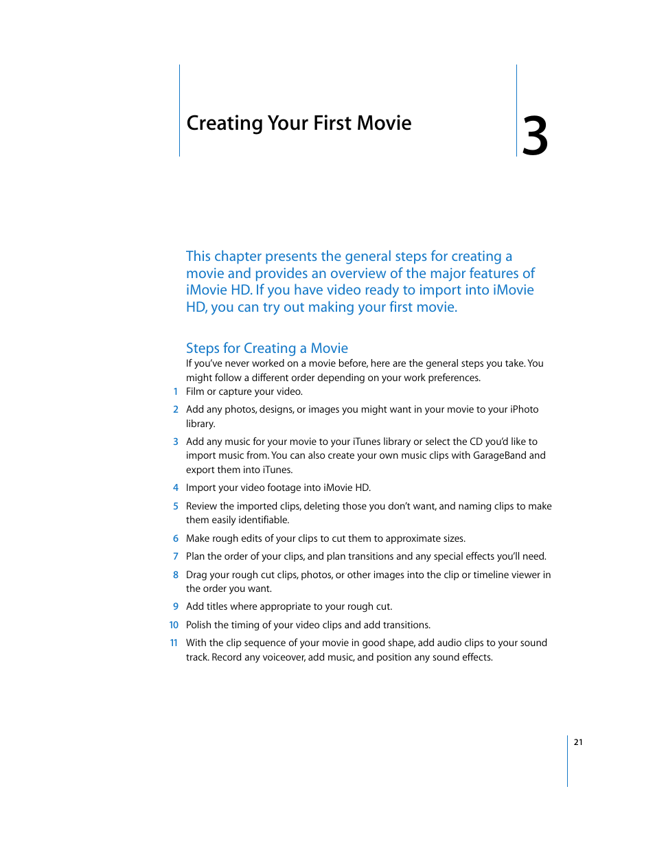 Creating your first movie, Steps for creating a movie, Chapter | Apple iMovie HD User Manual | Page 21 / 83