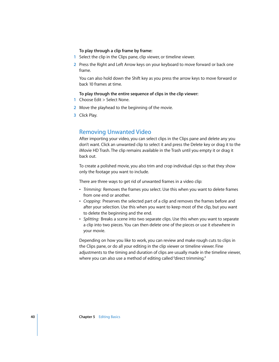 Removing unwanted video | Apple iMovie HD User Manual | Page 40 / 83