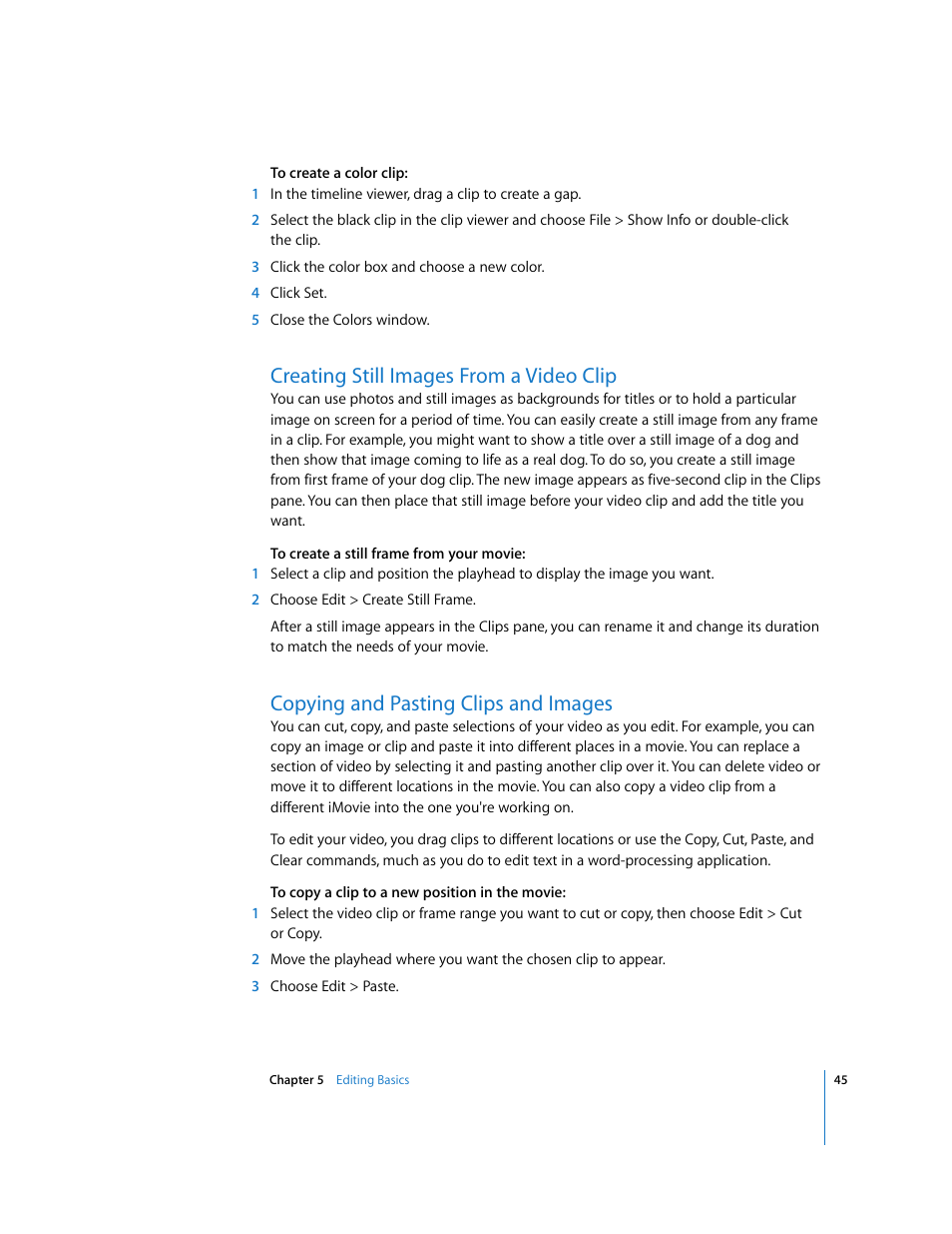 Creating still images from a video clip, Copying and pasting clips and images | Apple iMovie HD User Manual | Page 45 / 83