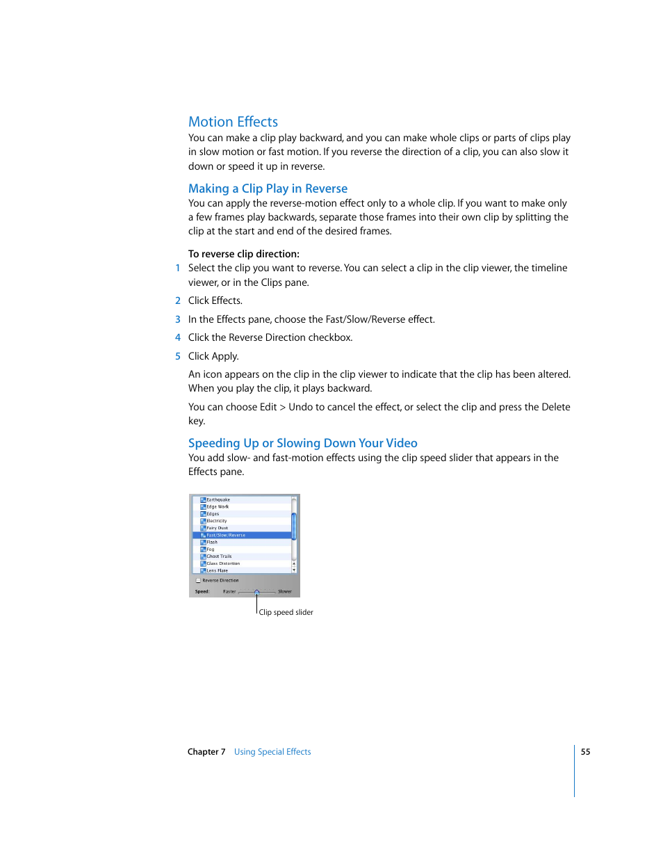 Motion effects, Making a clip play in reverse, Speeding up or slowing down your video | Apple iMovie HD User Manual | Page 55 / 83