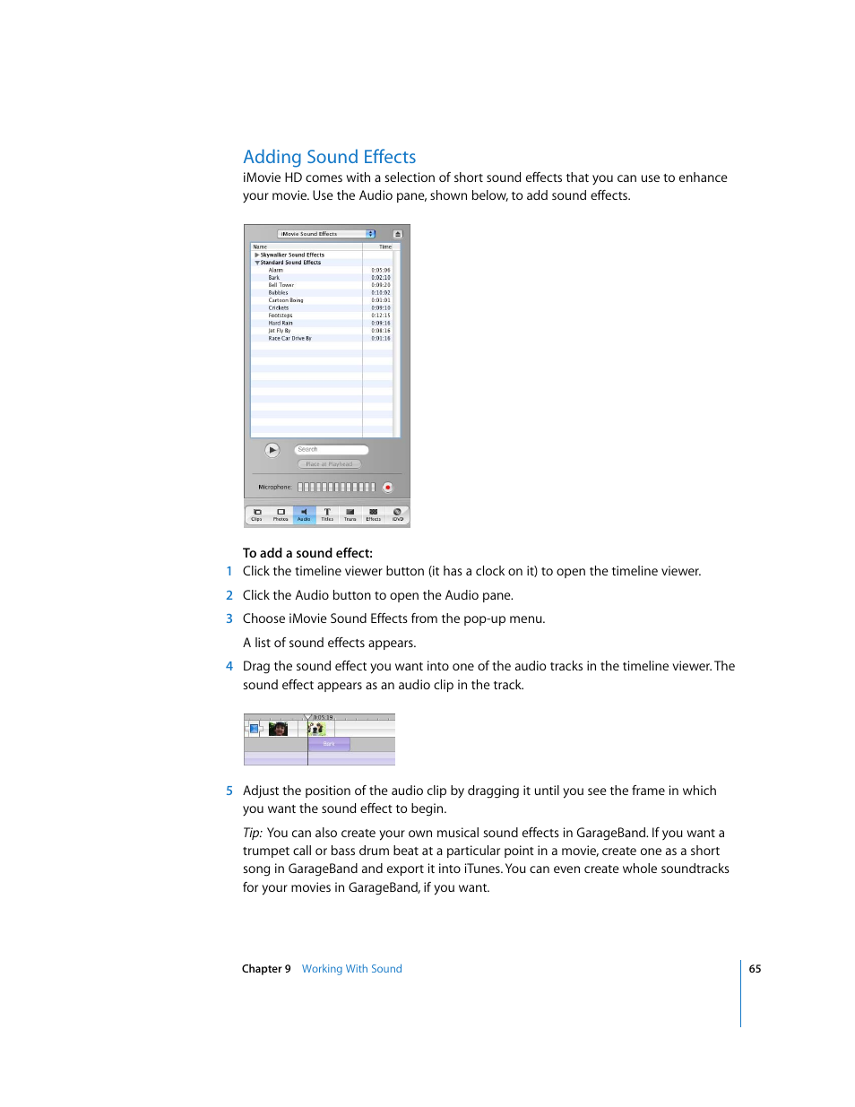 Adding sound effects | Apple iMovie HD User Manual | Page 65 / 83