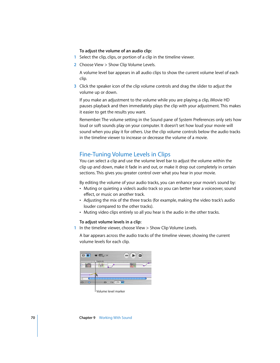 Fine-tuning volume levels in clips | Apple iMovie HD User Manual | Page 70 / 83