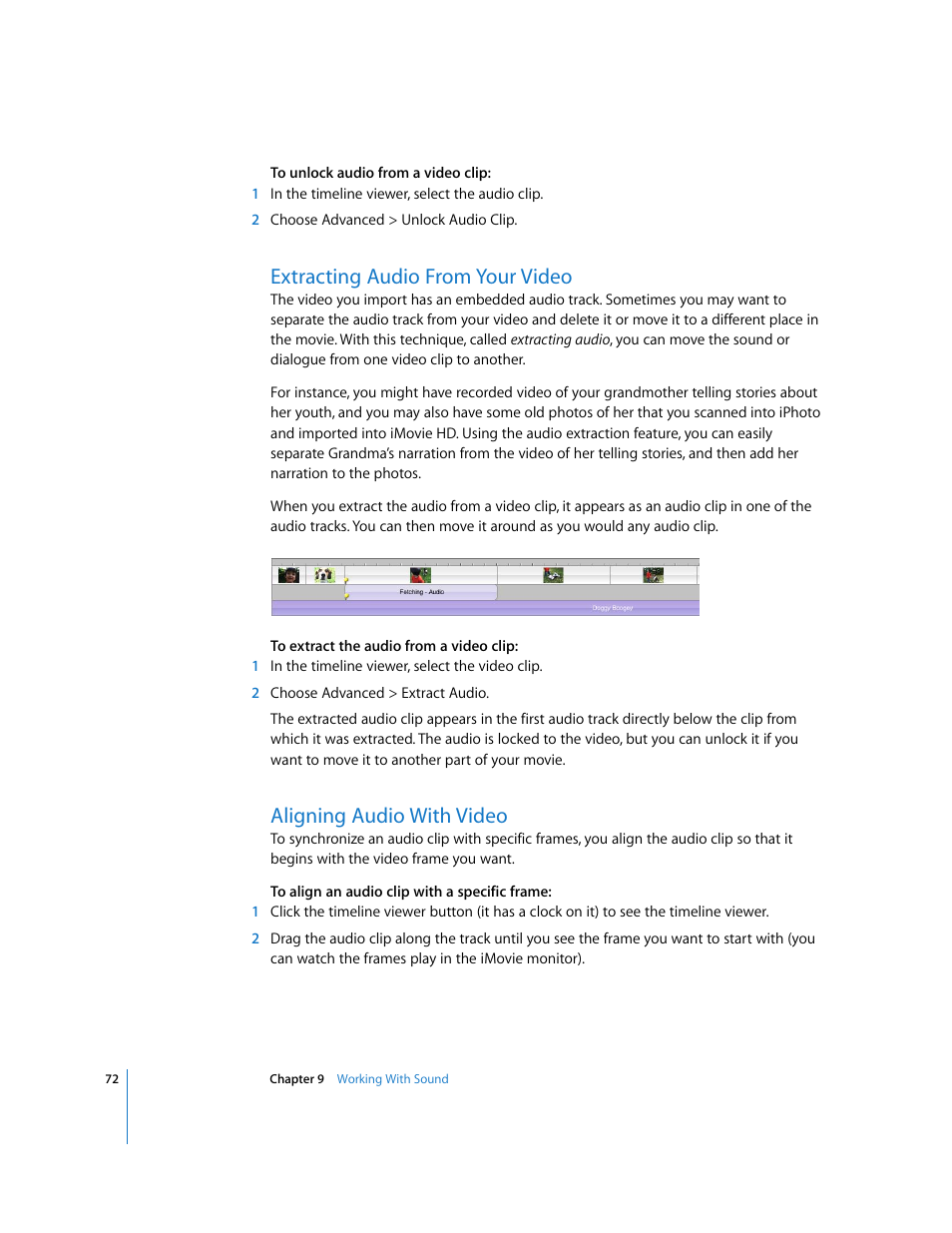 Extracting audio from your video, Aligning audio with video | Apple iMovie HD User Manual | Page 72 / 83