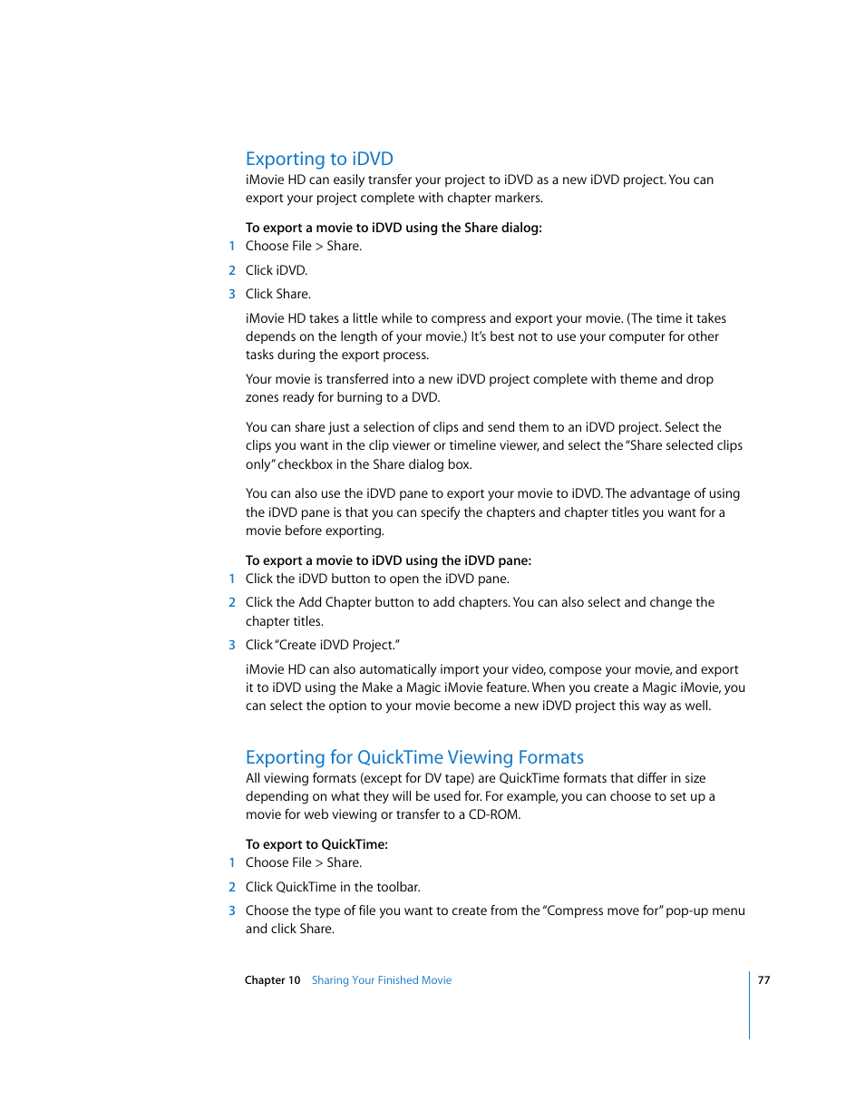 Exporting to idvd, Exporting for quicktime viewing formats | Apple iMovie HD User Manual | Page 77 / 83