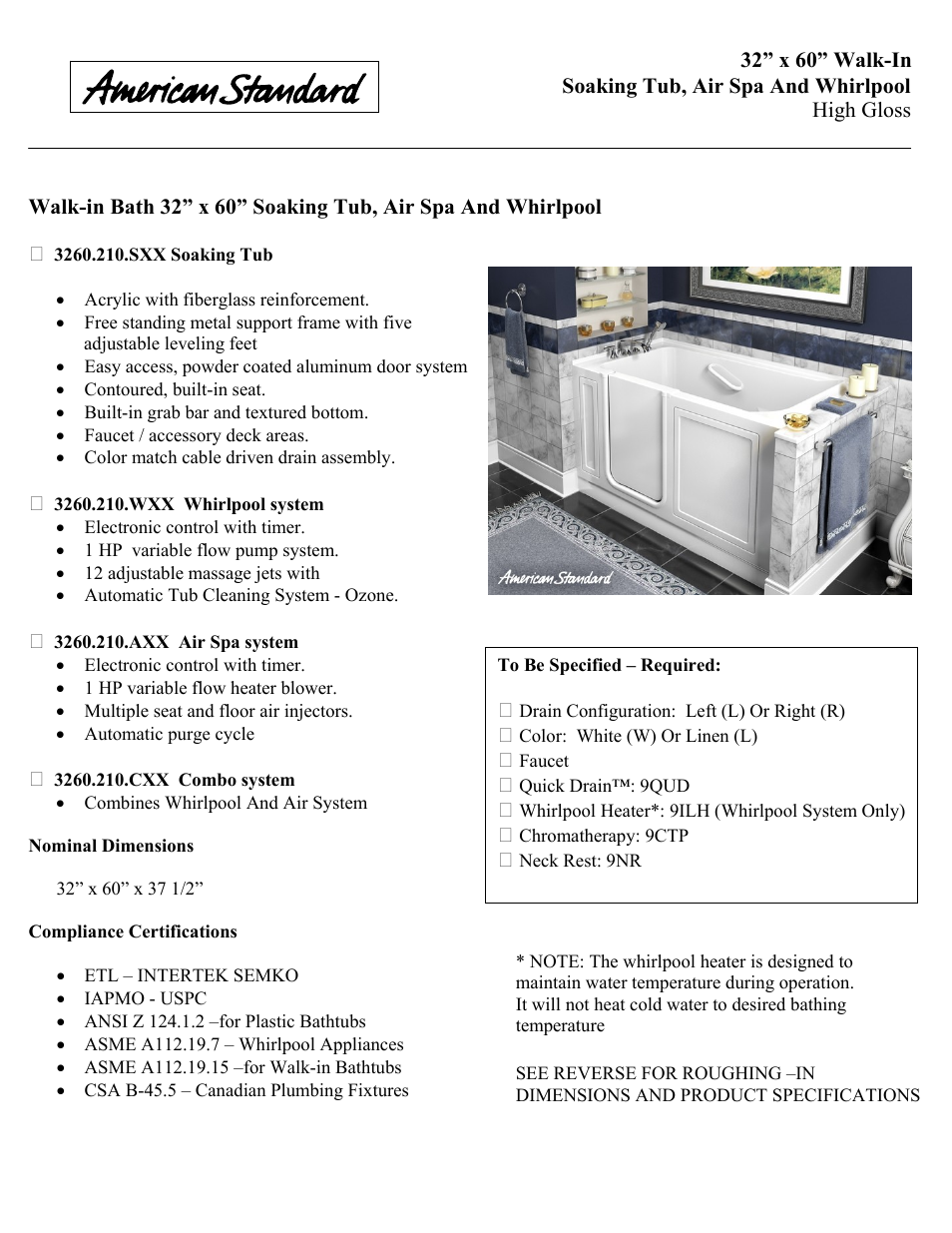 American Standard 3260.210.WXX User Manual | 2 pages