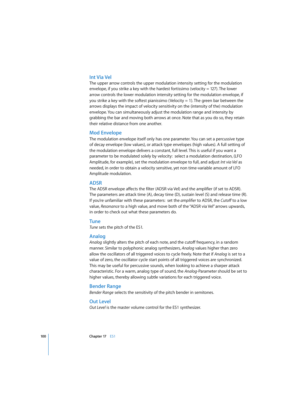 Int via vel, Mod envelope, Adsr | Tune, Analog, Bender range, Out level | Apple Logic Express 7 User Manual | Page 100 / 167