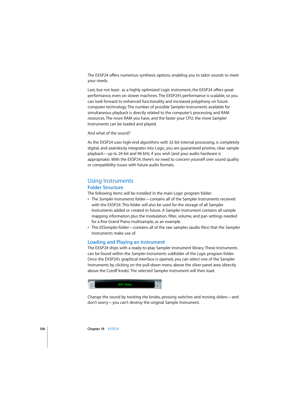 Using instruments, Folder structure, Loading and playing an instrument | Apple Logic Express 7 User Manual | Page 106 / 167