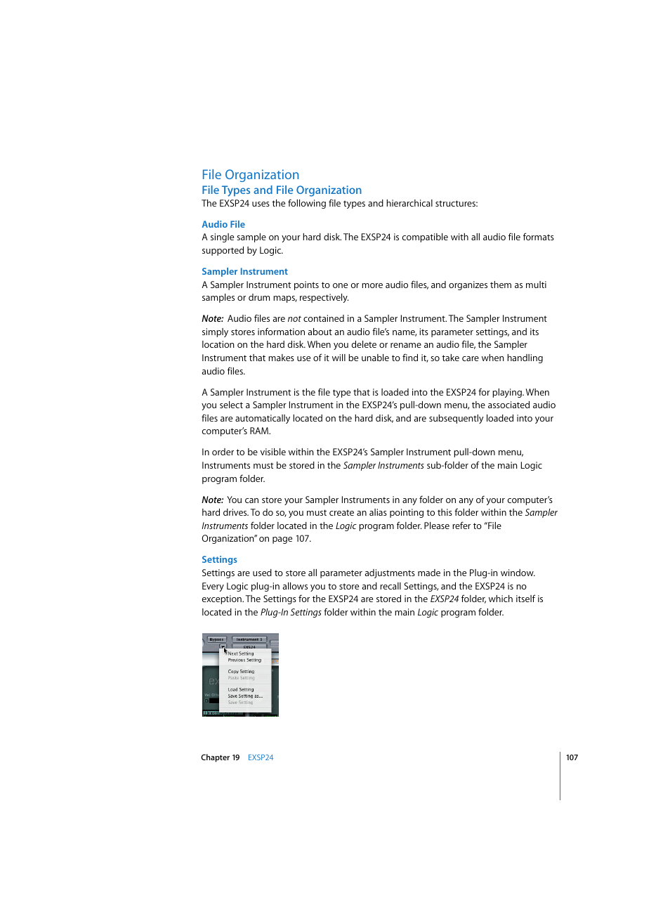 File organization, File types and file organization, Audio file | Sampler instrument, Settings | Apple Logic Express 7 User Manual | Page 107 / 167