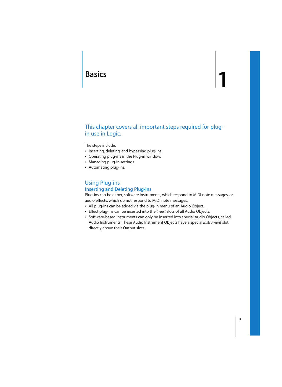 Basics, Using plug-ins, Inserting and deleting plug-ins | Chapter | Apple Logic Express 7 User Manual | Page 11 / 167