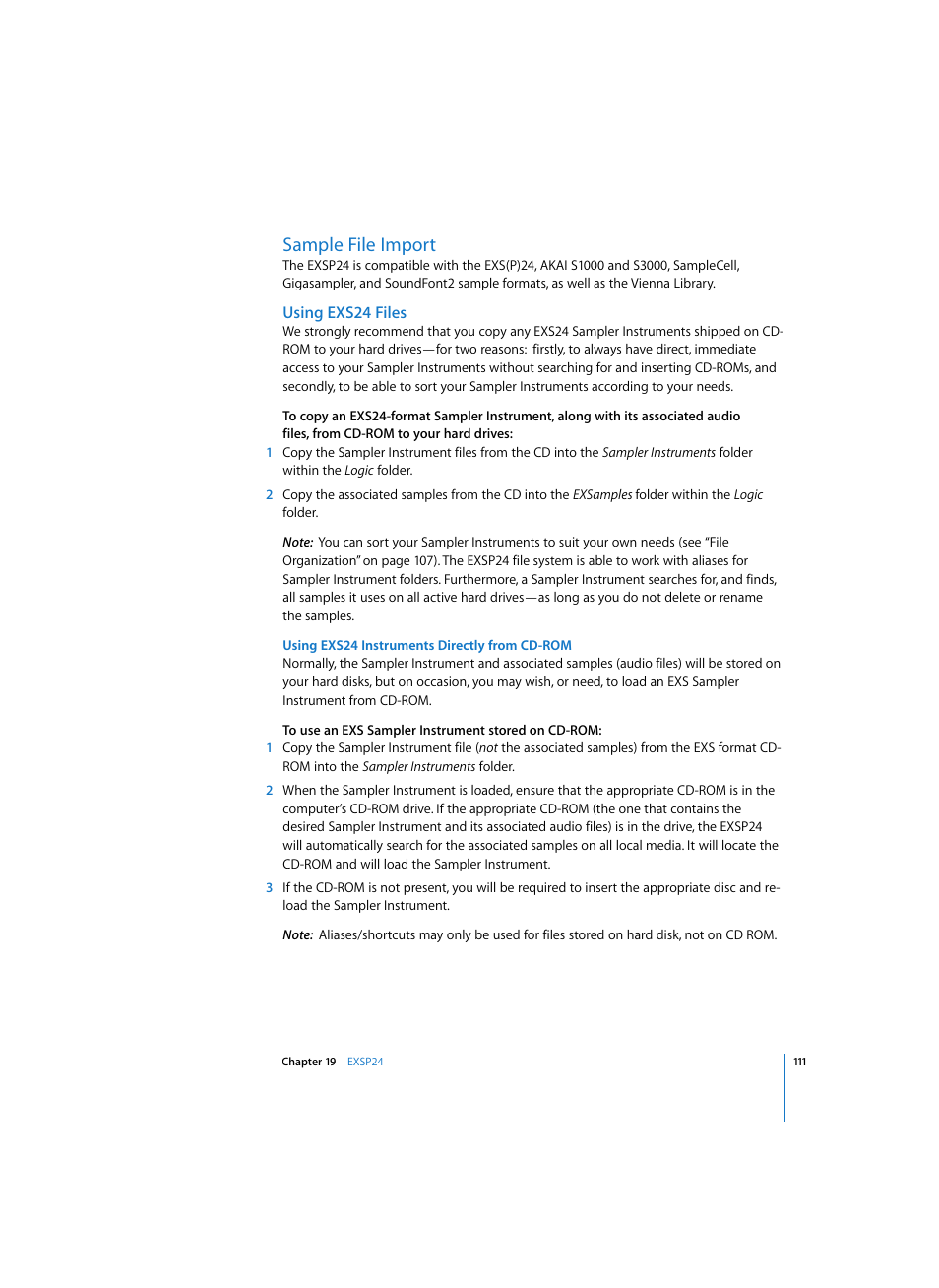 Sample file import, Using exs24 files, Using exs24 instruments directly from cd-rom | Apple Logic Express 7 User Manual | Page 111 / 167