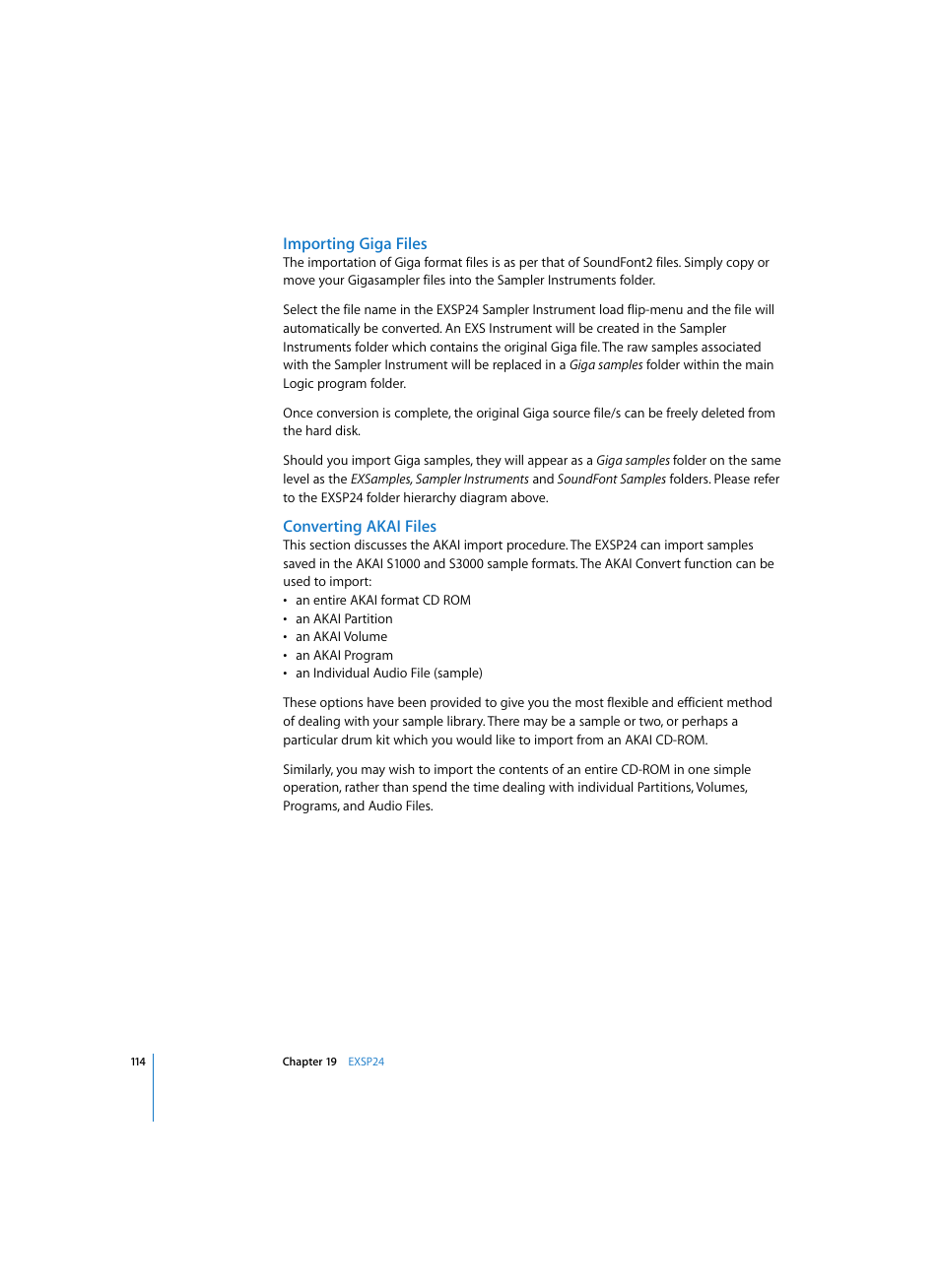 Importing giga files, Converting akai files | Apple Logic Express 7 User Manual | Page 114 / 167