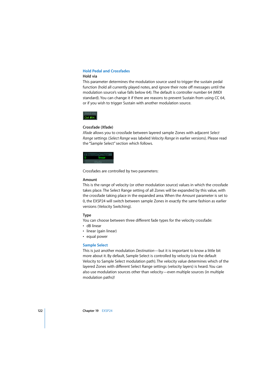Hold pedal and crossfades, Sample select | Apple Logic Express 7 User Manual | Page 122 / 167
