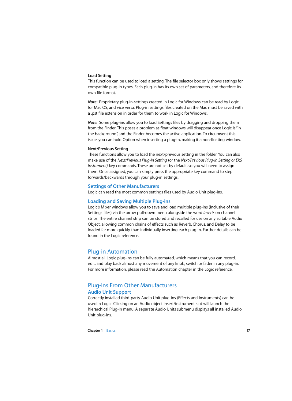 Settings of other manufacturers, Loading and saving multiple plug-ins, Plug-in automation | Plug-ins from other manufacturers, Audio unit support | Apple Logic Express 7 User Manual | Page 17 / 167