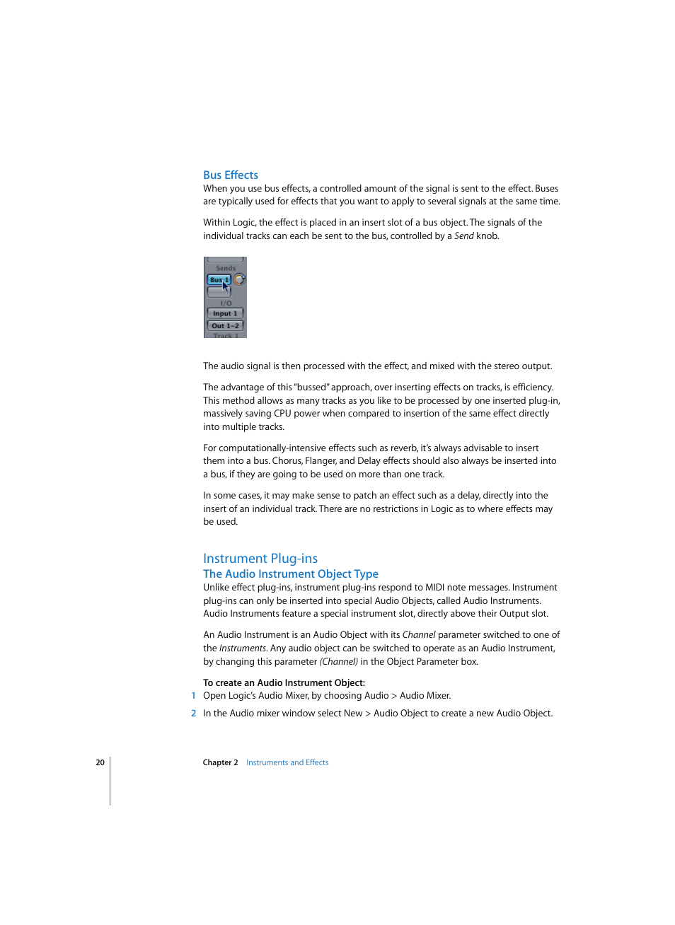 Bus effects, Instrument plug-ins, The audio instrument object type | Apple Logic Express 7 User Manual | Page 20 / 167