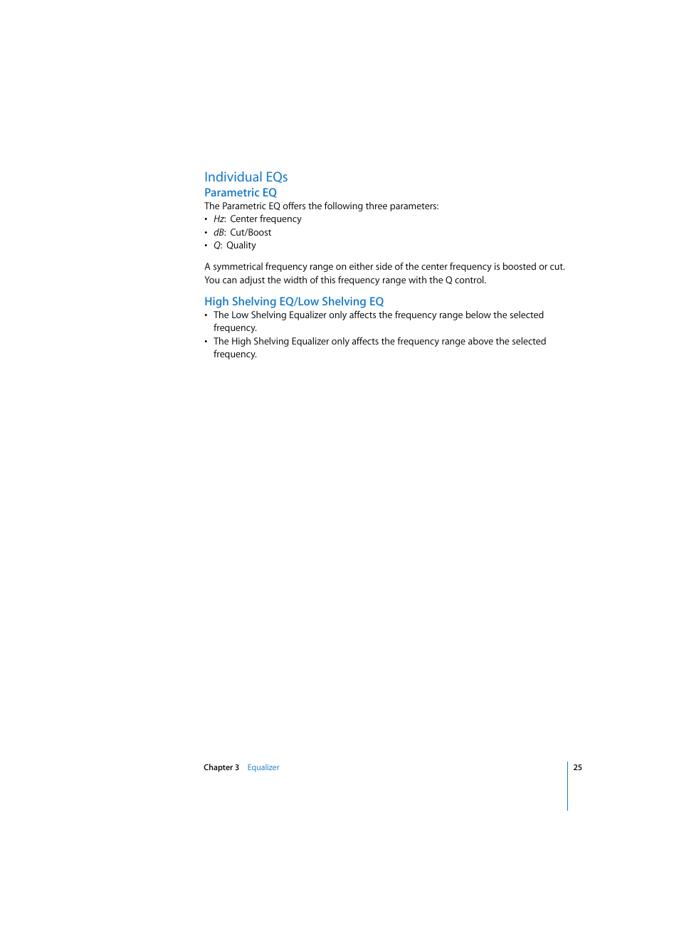 Individual eqs, Parametric eq, High shelving eq/low shelving eq | Apple Logic Express 7 User Manual | Page 25 / 167