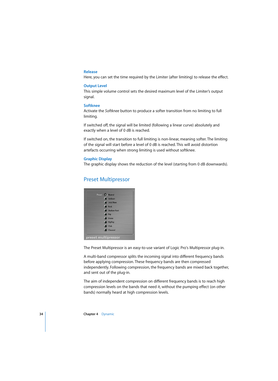 Release, Output level, Softknee | Graphic display, Preset multipressor | Apple Logic Express 7 User Manual | Page 34 / 167