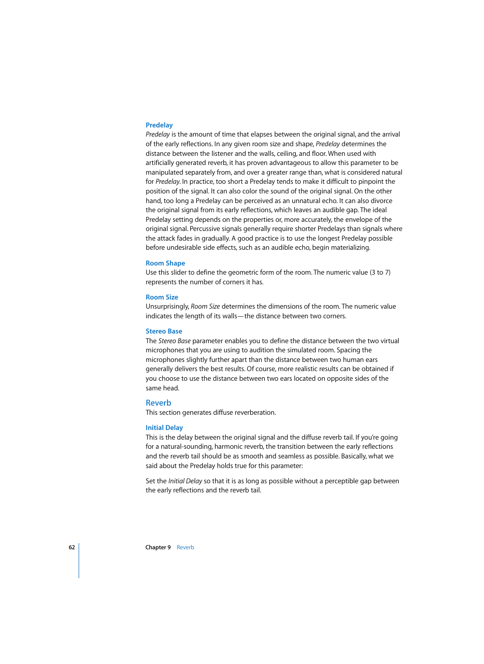 Predelay, Room shape, Room size | Stereo base, Reverb, Initial delay | Apple Logic Express 7 User Manual | Page 62 / 167