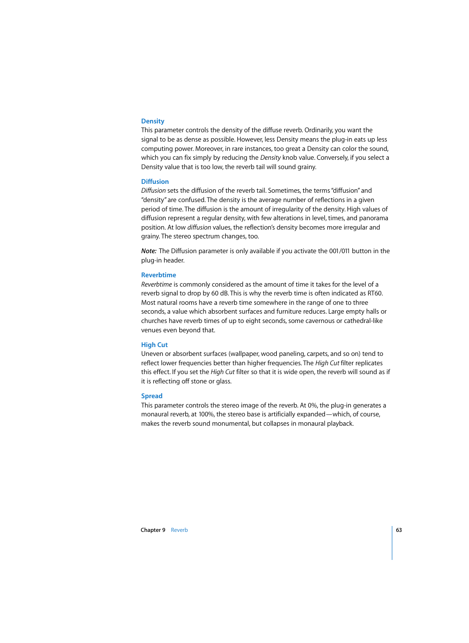 Density, Diffusion, Reverbtime | High cut, Spread | Apple Logic Express 7 User Manual | Page 63 / 167