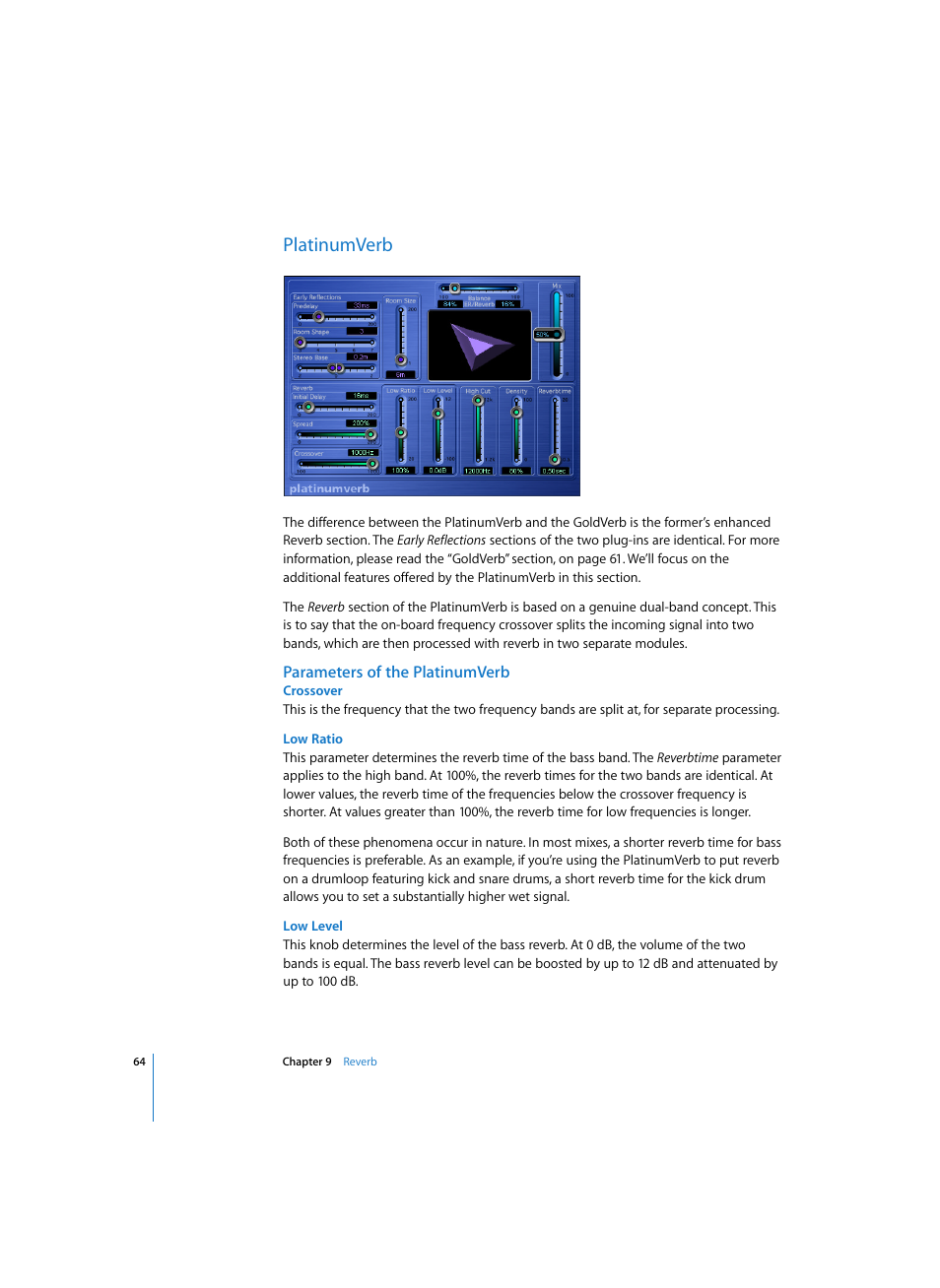 Platinumverb, Parameters of the platinumverb, Crossover | Low ratio, Low level | Apple Logic Express 7 User Manual | Page 64 / 167