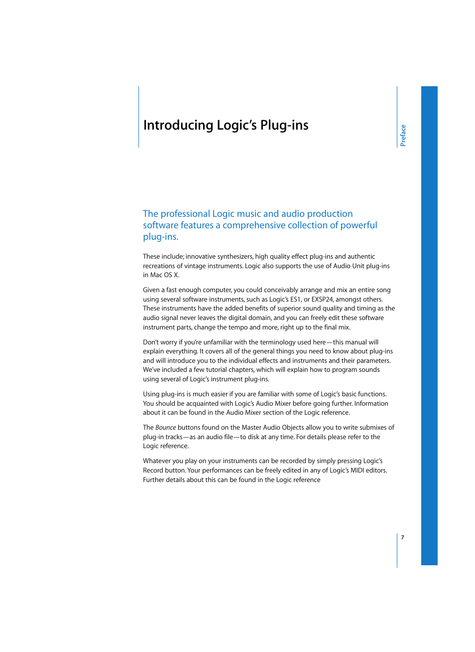 Introducing logic’s plug-ins, Preface | Apple Logic Express 7 User Manual | Page 7 / 167