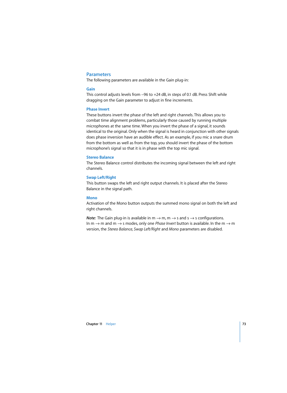 Parameters, Gain, Phase invert | Stereo balance, Swap left/right, Mono | Apple Logic Express 7 User Manual | Page 73 / 167