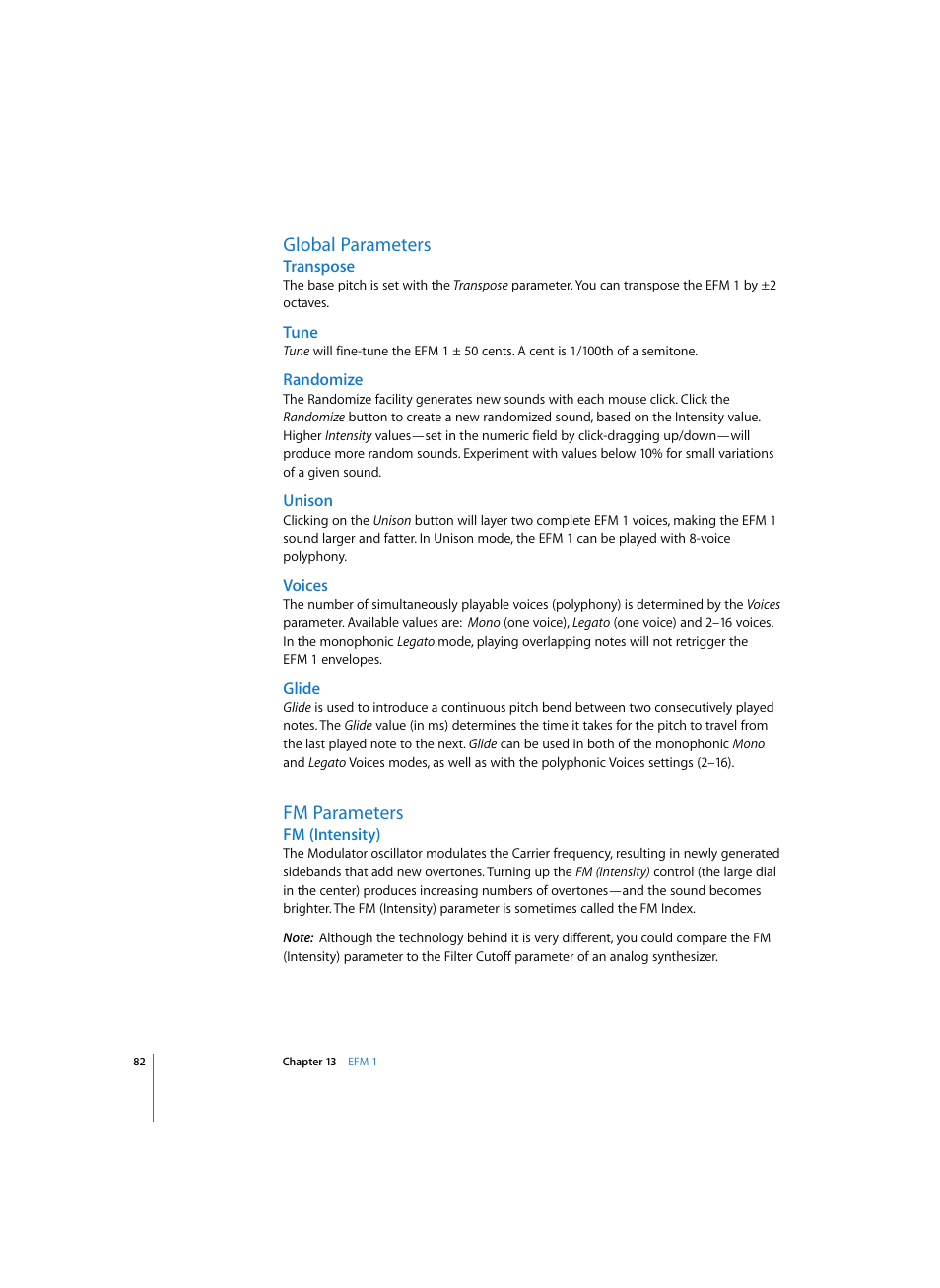 Global parameters, Transpose, Tune | Randomize, Unison, Voices, Glide, Fm parameters, Fm (intensity) | Apple Logic Express 7 User Manual | Page 82 / 167