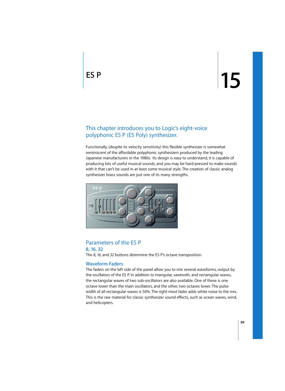 Es p, Parameters of the es p, Waveform faders | Chapter | Apple Logic Express 7 User Manual | Page 89 / 167