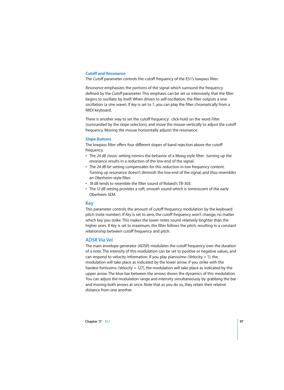 Cutoff and resonance, Slope buttons, Adsr via vel | Apple Logic Express 7 User Manual | Page 97 / 167