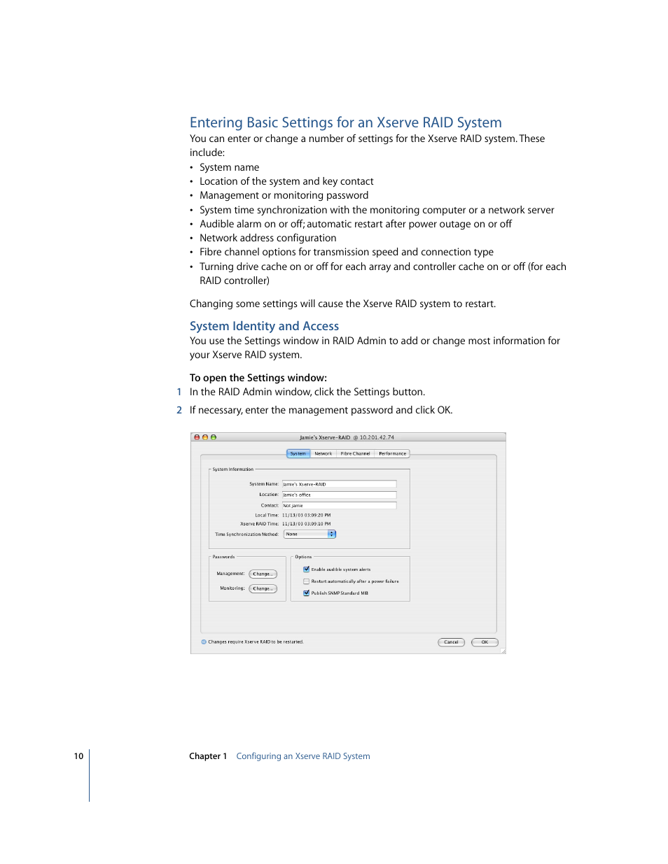 Entering basic settings for an xserve raid system | Apple Xserve RAID: Using RAID 1.2 Admin and Disk Utility User Manual | Page 10 / 43