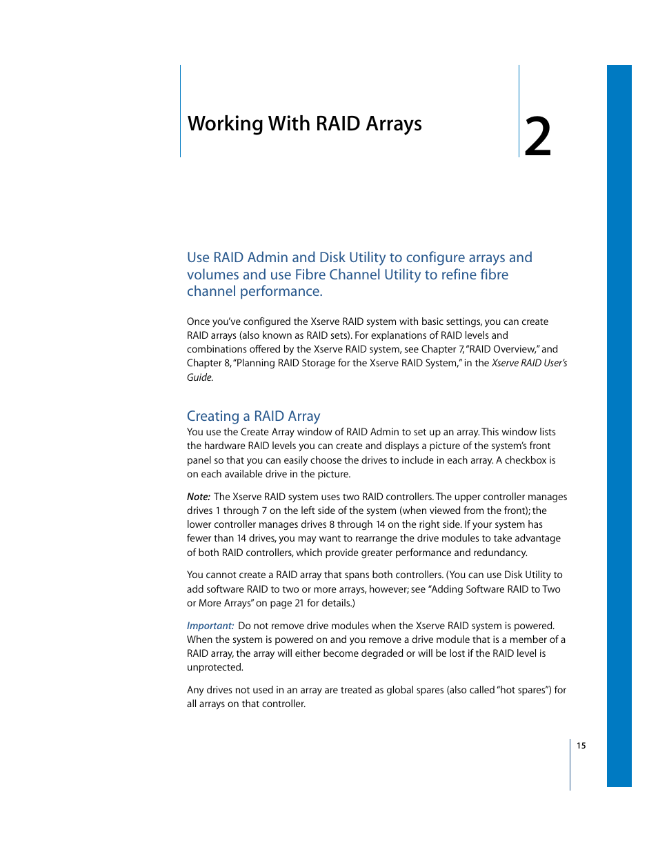 Working with raid arrays, Creating a raid array | Apple Xserve RAID: Using RAID 1.2 Admin and Disk Utility User Manual | Page 15 / 43