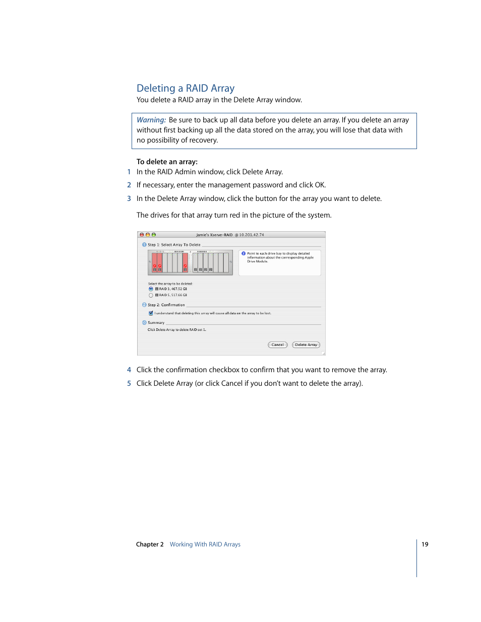 Deleting a raid array | Apple Xserve RAID: Using RAID 1.2 Admin and Disk Utility User Manual | Page 19 / 43