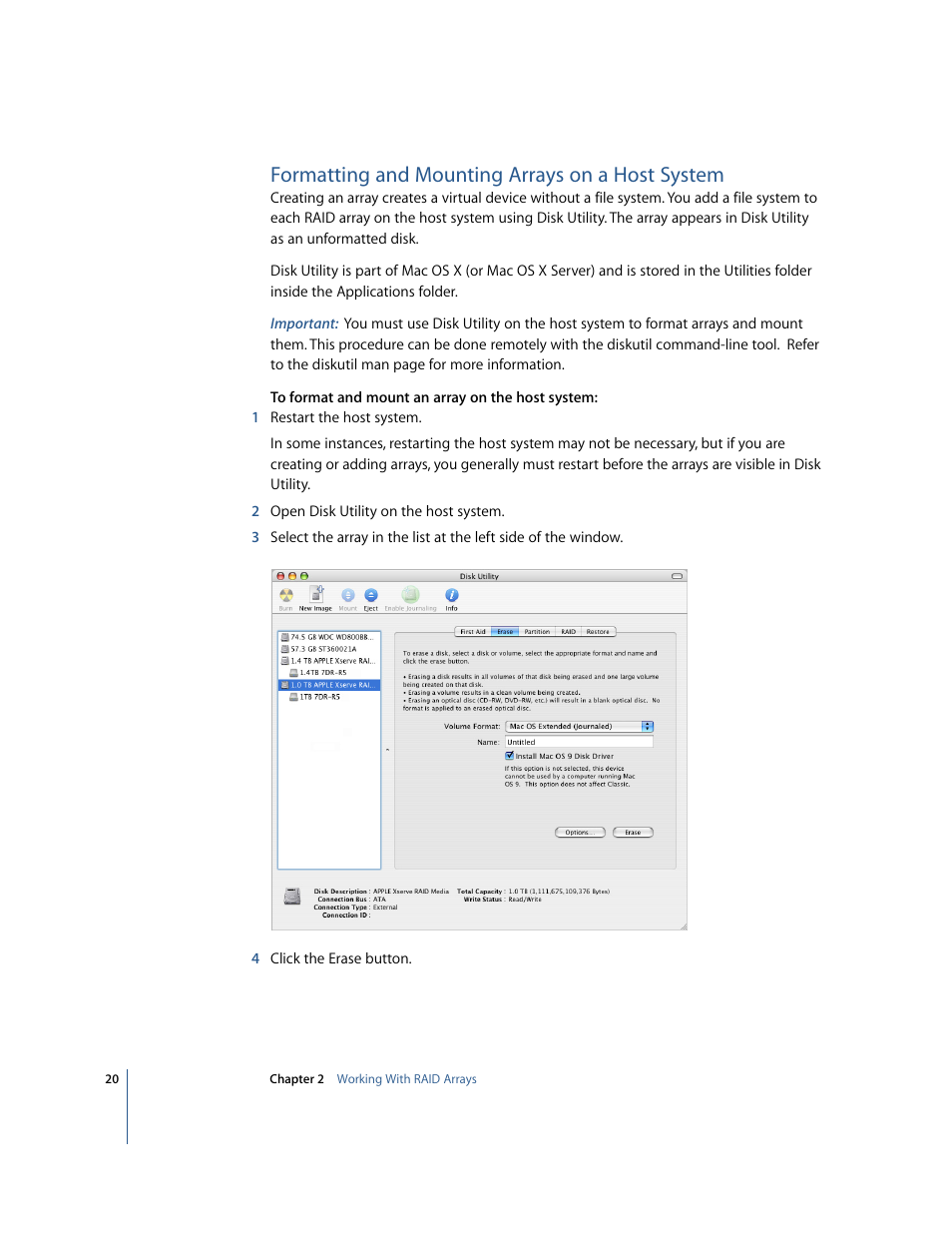 Formatting and mounting arrays on a host system | Apple Xserve RAID: Using RAID 1.2 Admin and Disk Utility User Manual | Page 20 / 43