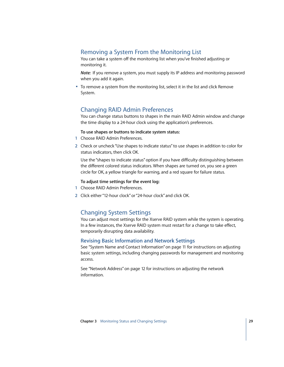 Removing a system from the monitoring list, Changing raid admin preferences, Changing system settings | Apple Xserve RAID: Using RAID 1.2 Admin and Disk Utility User Manual | Page 29 / 43