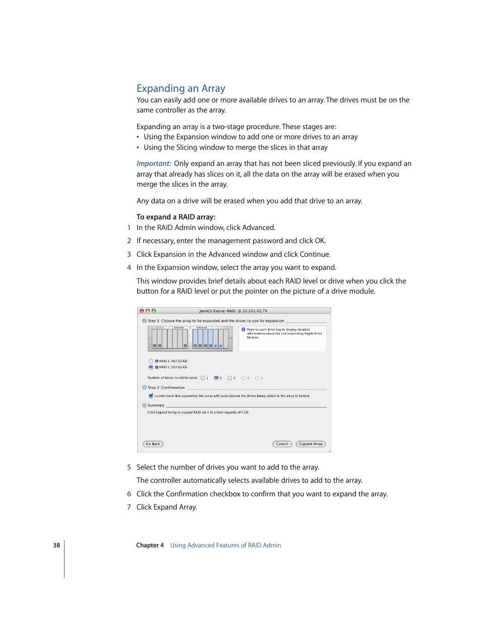 Expanding an array | Apple Xserve RAID: Using RAID 1.2 Admin and Disk Utility User Manual | Page 38 / 43