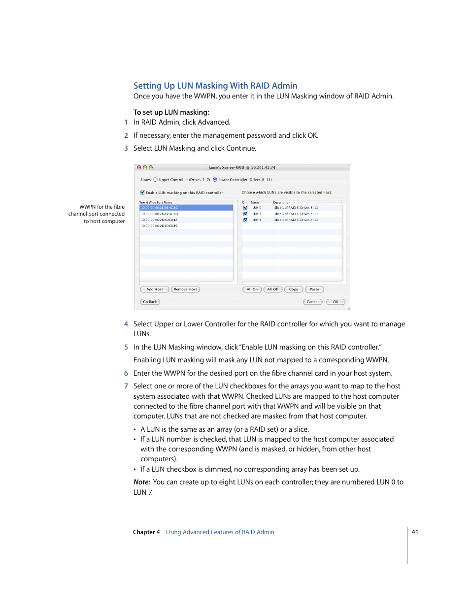 Setting up lun masking with raid admin | Apple Xserve RAID: Using RAID 1.2 Admin and Disk Utility User Manual | Page 41 / 43